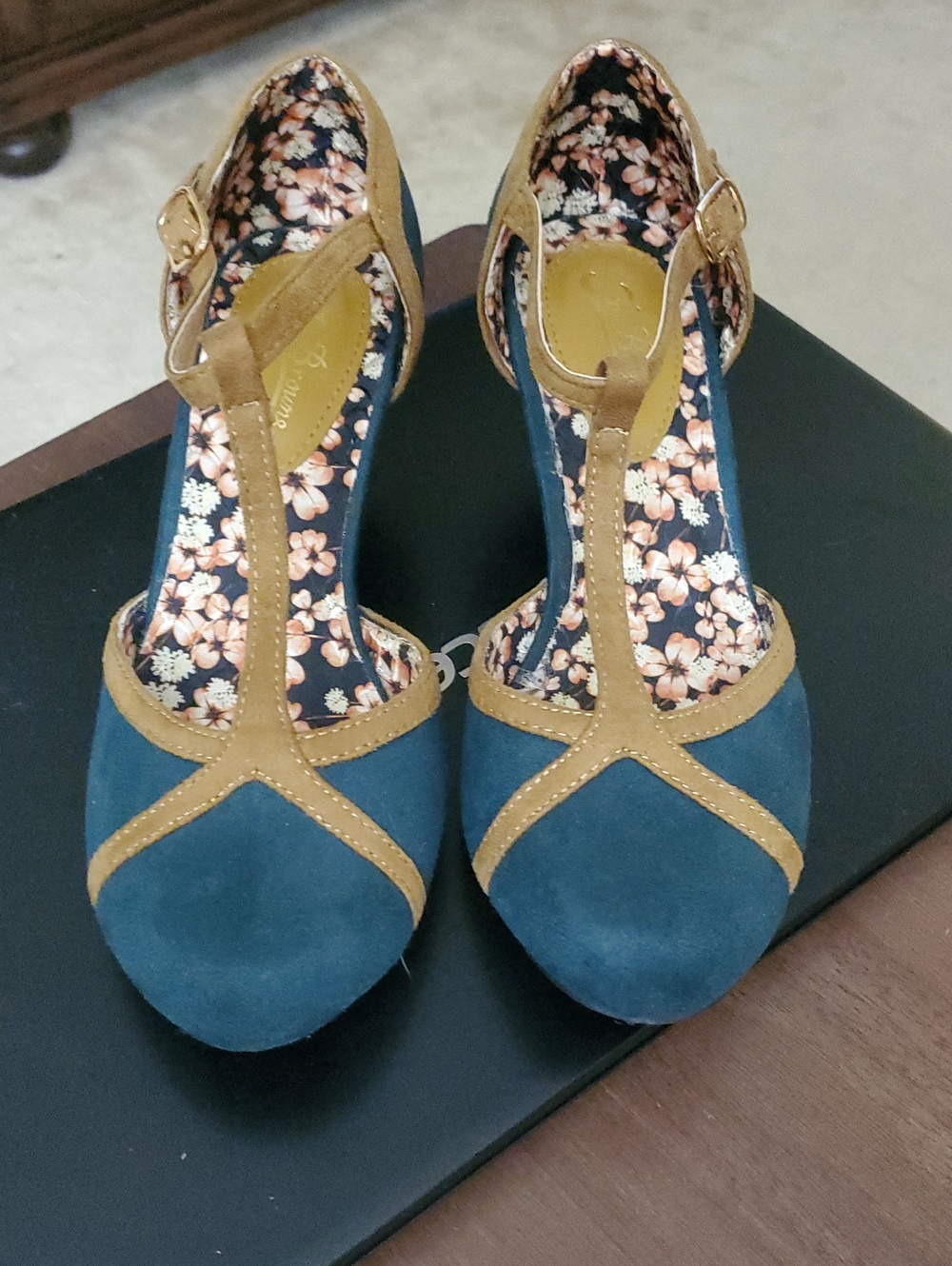 Joe Browns Teal and Tan T‑Strap Block Heels